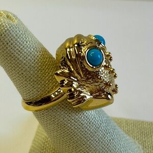 Frog Toad Gold Tone Ring with Faux Turquoise Eyes